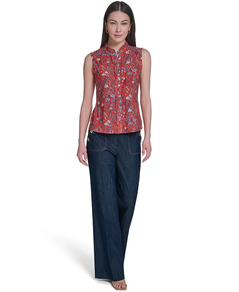 Tommy Hilfiger Women's Band Collar Ruffle Placket Top