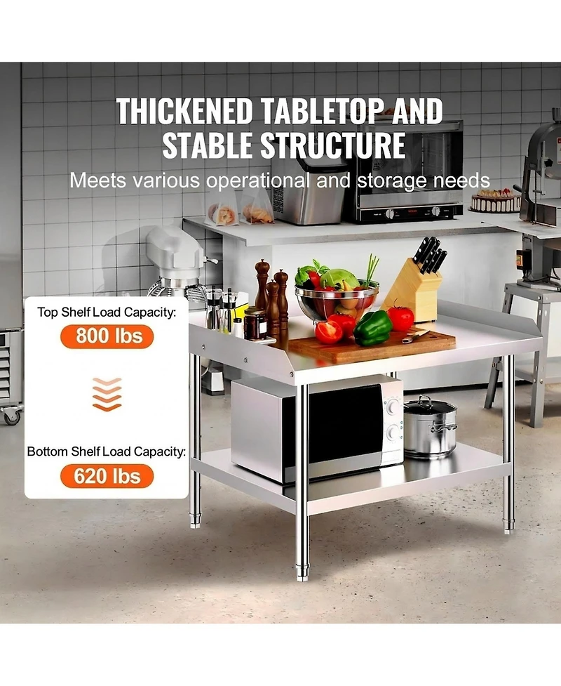 Gouun Stainless Steel Work Table 30 x 36 x 26 in with 2 in Backsplash, Adjustable Height