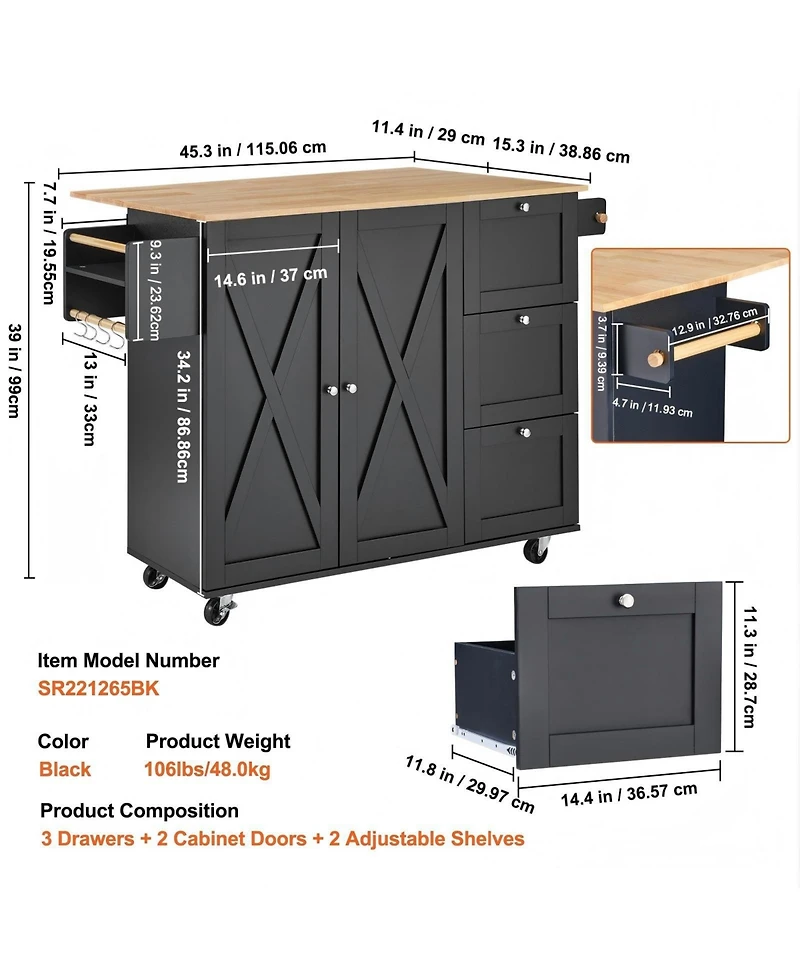 Gouun 56 in Rolling Kitchen Island Cart and Storage Cabinet, Drop Leaf