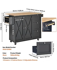 Gouun 56 in Rolling Kitchen Island Cart and Storage Cabinet, Drop Leaf