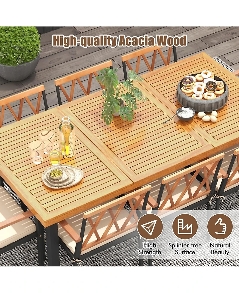 Gymax 9 Pcs Patio Dining Set Acacia Wood Table w/ Soft Cushions and 1.9'' Umbrella Hole