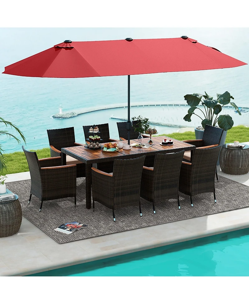 Gymax 9 Piece Patio Wicker Dining Set w/ Double-Sided Patio Wine Umbrella Stackable Chairs