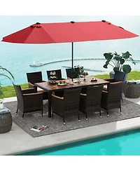 Gymax 9 Piece Patio Wicker Dining Set w/ Double-Sided Patio Wine Umbrella Stackable Chairs