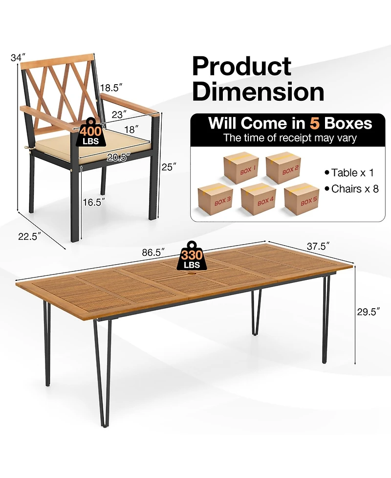 Gymax 9 Pcs Patio Dining Set w/ 8 Chairs Acacia Wood Table Top Umbrella Hole for Yard