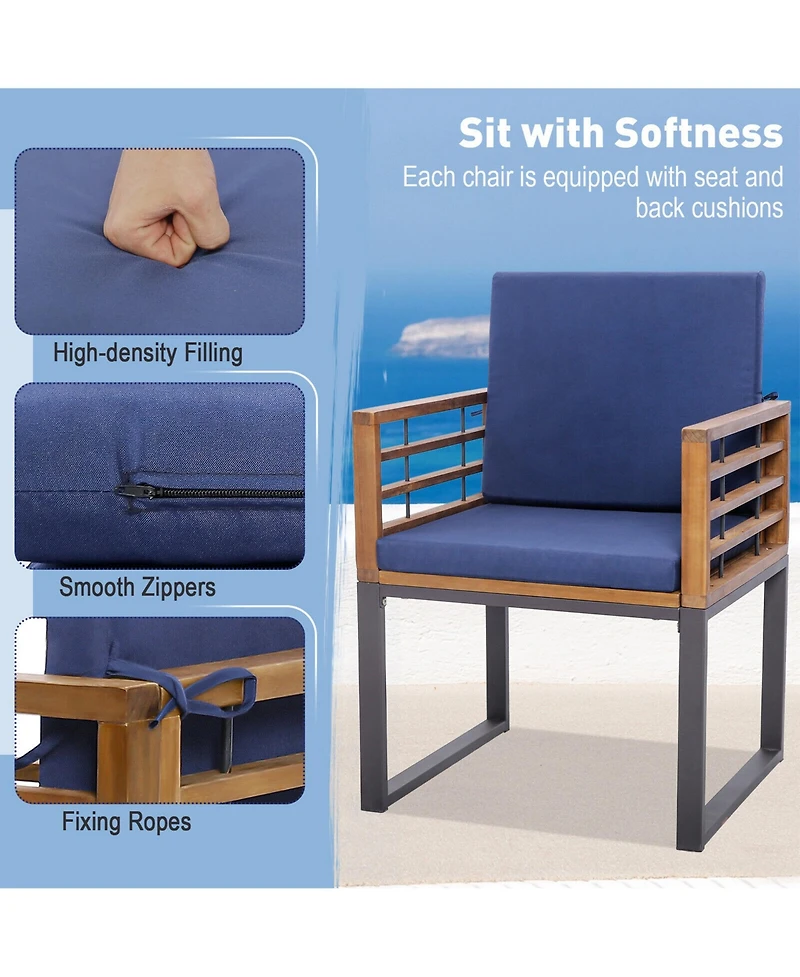 Gymax 7PCS Acacia Wood Patio Dining Set Cushioned Dining Chair and Table Set w/ Umbrella Hole