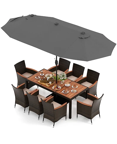 Gymax 9 Piece Patio Wicker Dining Set w/ Double-Sided Patio Grey Umbrella Stackable Chairs