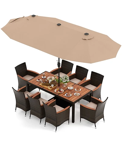 Gymax 9 Piece Patio Wicker Dining Set w/ Double-Sided Patio Coffee Umbrella Stackable Chairs