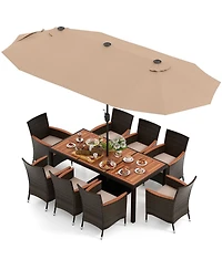 Gymax 9 Piece Patio Wicker Dining Set w/ Double-Sided Patio Coffee Umbrella Stackable Chairs