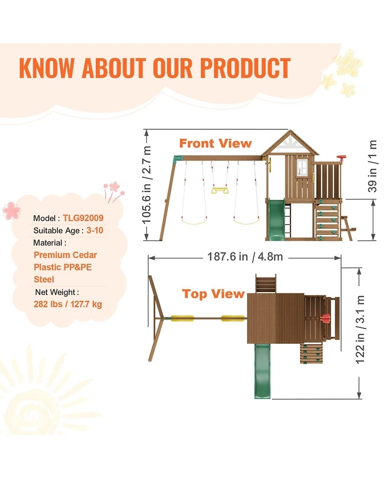 Gouun 9 in 1 Wooden Swing Set with Slide Swings Fort Picnic Table and Sandbox