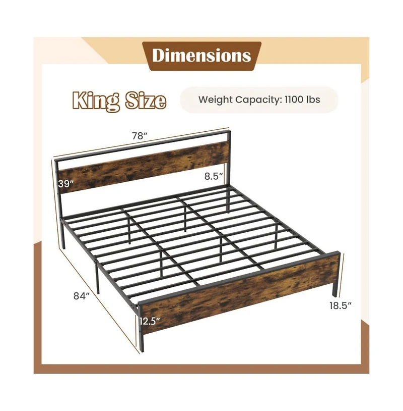Gouun Metal Bed Frame Industrial Platform Bed with Wooden Headboard