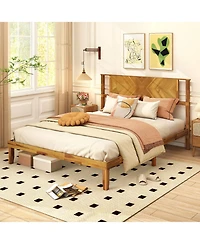 Gouun Bed Frame Mid-Century Acacia Wood Platform Bed with Headboard