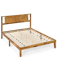 Gouun Bed Frame Mid-Century Acacia Wood Platform Bed with Headboard