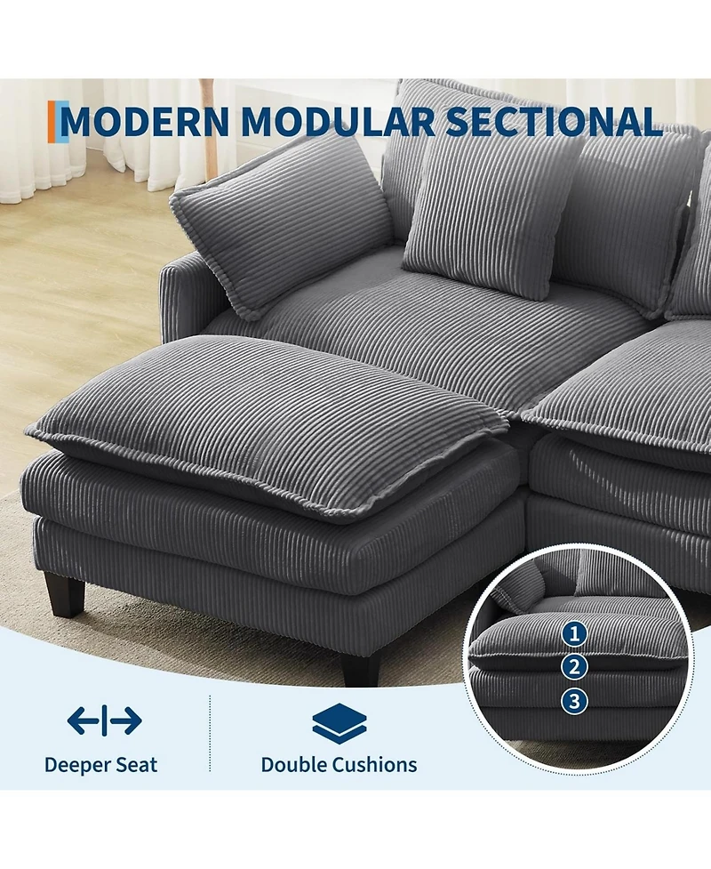 gaomon 112" Modular Sectional Sofa, U-Shaped Corduroy Cloud Couch with Ottoman and Pillows