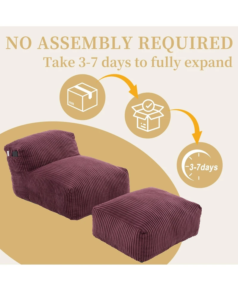 Rainsken Big Corduroy Bean Bag Chair with Footstool, Memory Foam Filled Floor Chair with Side Pockets for Living Room