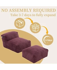 Rainsken Big Corduroy Bean Bag Chair with Footstool, Memory Foam Filled Floor Chair with Side Pockets for Living Room