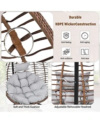 Rainsken Hanging Rattan Egg Swing Chair, Foldable Hammock Chair with Iron Frame, Comfortable Cushion and Removable Headrest for Balcony