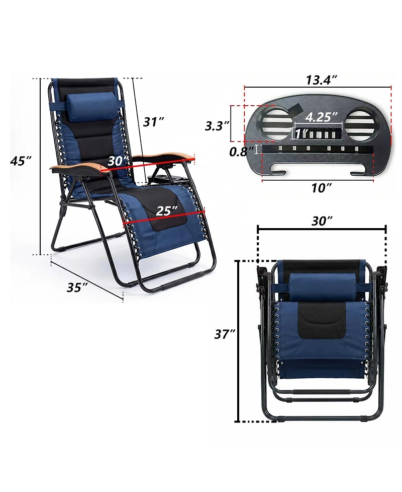 Rainsken Foldable Lounge Chair, Portable Zero Gravity Recliner with Cup Holder and Wooden Armrests for Outside Patio, Beach and Lawn, Support 400 Lbs