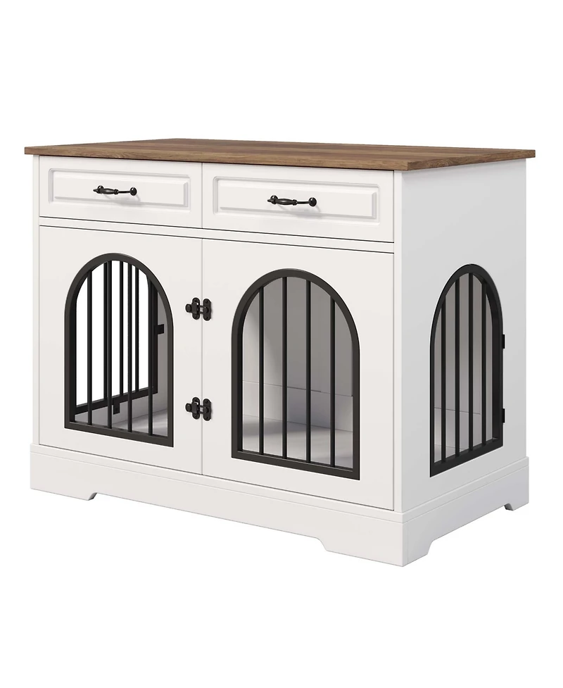 Aostirmotor 43.3" Dog Crate Furniture with Storage Drawers, Side Doors for Medium Large Dogs, End Table Kennel, WhiteandBrown