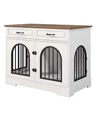 Aostirmotor 43.3" Dog Crate Furniture with Storage Drawers, Side Doors for Medium Large Dogs, End Table Kennel, WhiteandBrown