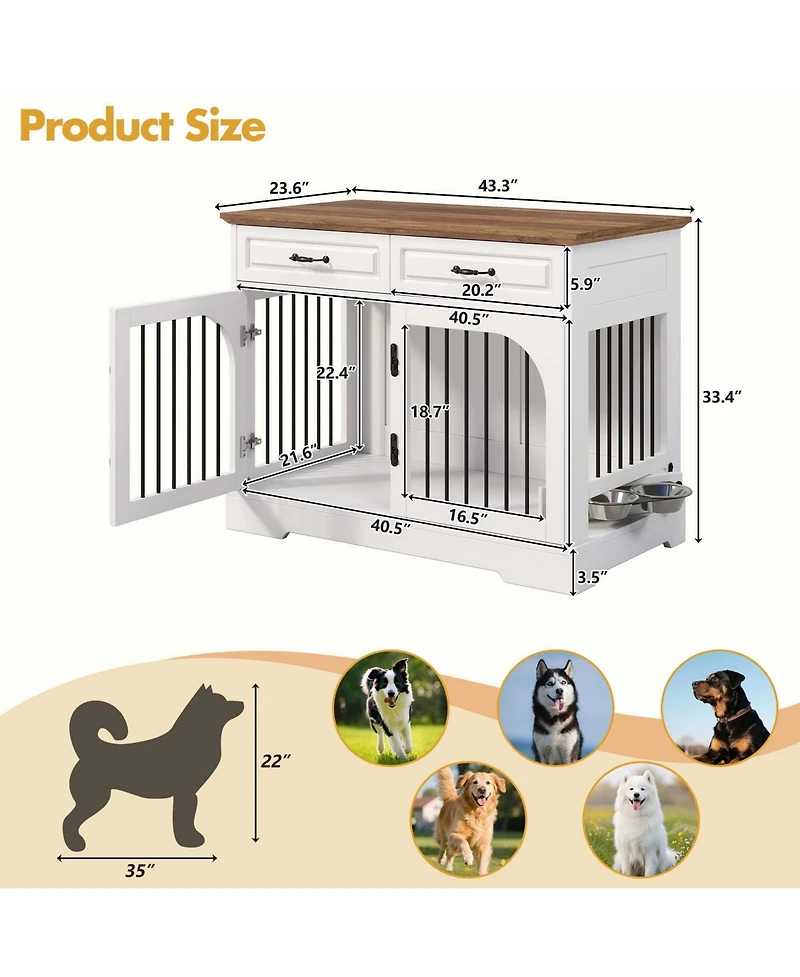 Aostirmotor Farmhouse Dog Crate Furniture with Storage and Rotating Bowls, Metal Kennel for Large Dogs, Side Table