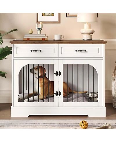 Aostirmotor Farmhouse Dog Crate Furniture with Storage and Rotating Bowls, Metal Kennel for Large Dogs, Side Table
