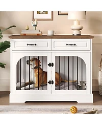 Aostirmotor Farmhouse Dog Crate Furniture with Storage and Rotating Bowls, Metal Kennel for Large Dogs, Side Table
