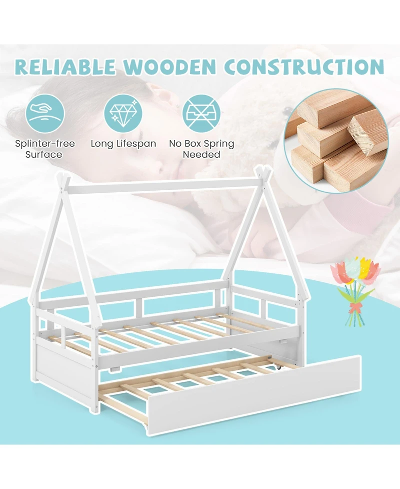 Gouun House Bed with Trundle and Safety Guardrail
