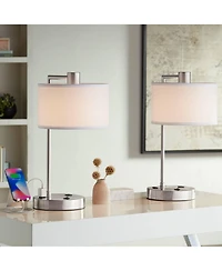 360 Lighting Colby Modern Desk Lamps 21" High Set of 2 Brushed Nickel with Usb and Ac Power Outlet in Base Drum Shade for Bedroom Office