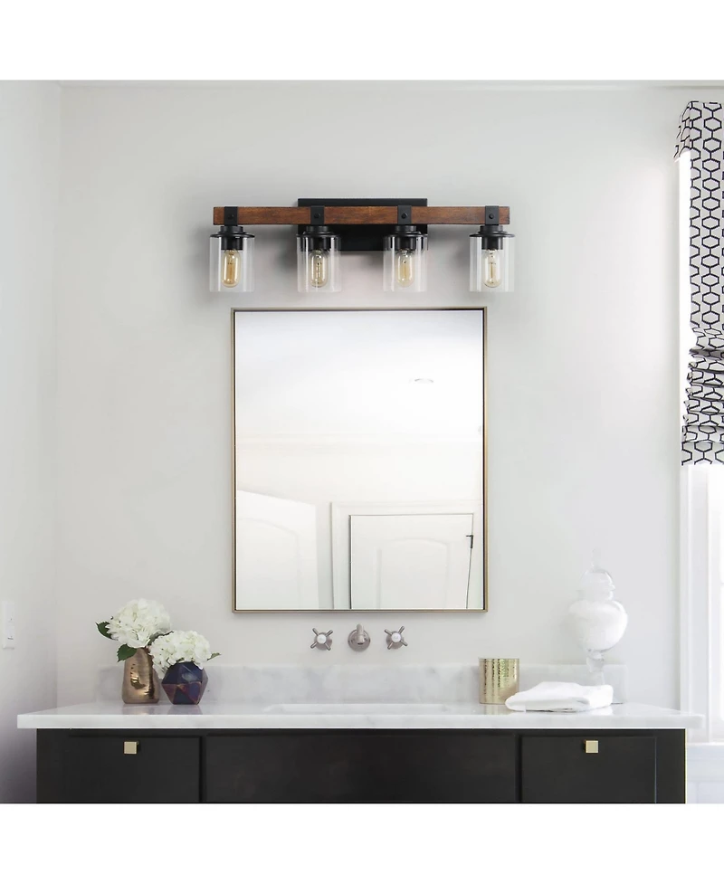 Busdays Modern Farmhouse 4-Light Vanity Light, 27" Industrial Wall Sconce with Wood Accents and Clear Glass Shades for Bathroom
