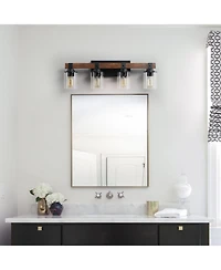 Busdays Modern Farmhouse 4-Light Vanity Light, 27" Industrial Wall Sconce with Wood Accents and Clear Glass Shades for Bathroom