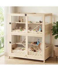 PawHut Wooden Hamster Cage, 4 Tier Small Animal Cage with Mesh Flip Roof