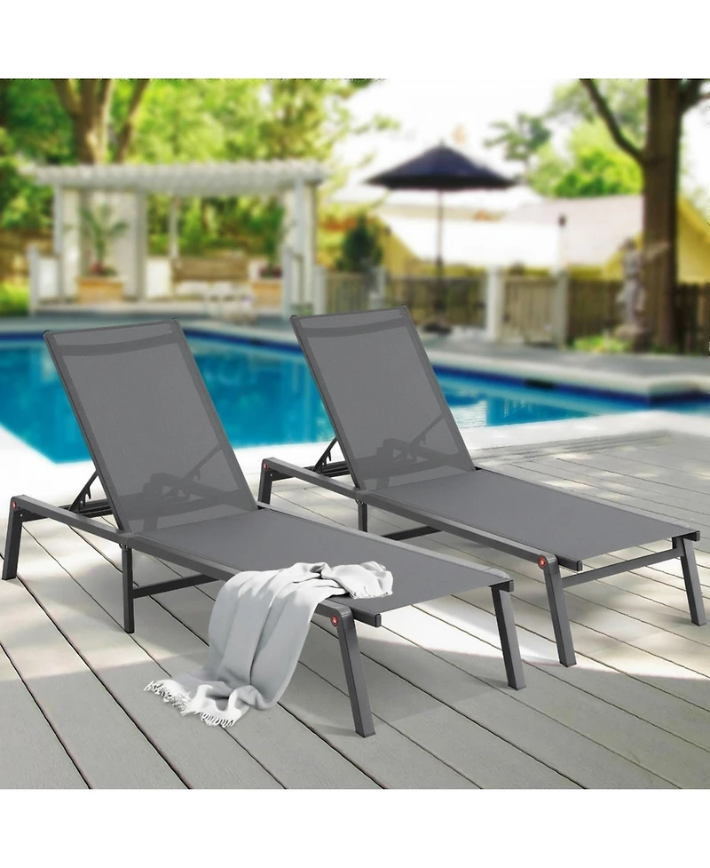 Gouun Set of 2 Aluminum Folding Chaise Lounge Chairs with 5-Position Reclining Back