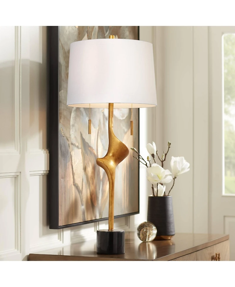 Possini Euro Design Athena 33 1/2" Tall Large Modern End Table Lamp Pull Chain Gold Leaf Finish Metal Living Room Shade