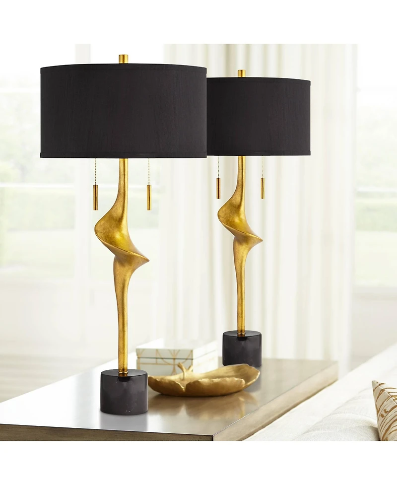 Possini Euro Design Athena 35 1/2" Tall Sculptural Large Modern End Table Lamps Set of 2 Pull Chain Gold Leaf Living Room Bedroom Shade