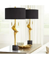 Possini Euro Design Athena 35 1/2" Tall Sculptural Large Modern End Table Lamps Set of 2 Pull Chain Gold Leaf Living Room Bedroom Shade