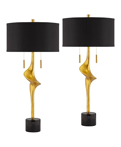 Possini Euro Design Athena 35 1/2" Tall Sculptural Large Modern End Table Lamps Set of 2 Pull Chain Gold Leaf Living Room Bedroom Shade