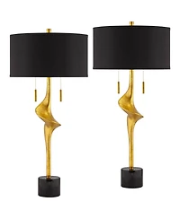 Possini Euro Design Athena 35 1/2" Tall Sculptural Large Modern End Table Lamps Set of 2 Pull Chain Gold Leaf Living Room Bedroom Shade