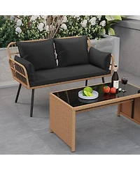 Sugift Outdoor Rattan 2-Seat Chair with Seat Back Cushions and Heavy-Duty Metal Legs