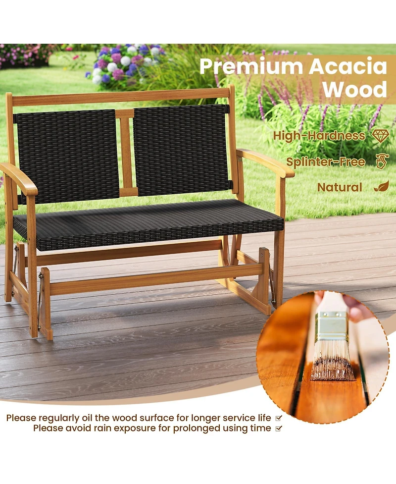 Sugift Patio Rattan Glider Bench for 2 with Acacia Wood Frame and Wicker Seat Back