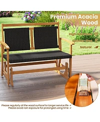 Sugift Patio Rattan Glider Bench for 2 with Acacia Wood Frame and Wicker Seat Back