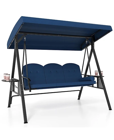 Sugift 3-Seat Patio Swing Chair Porch Swing with Adjustable Canopy Thickened Cushions Pillow and Foldable Side Trays