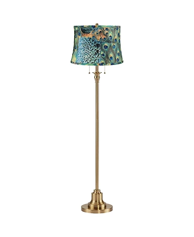 360 Lighting Dyna 58" High Antique Brass and Peacock Drum Shade 2-Light Floor Lamp