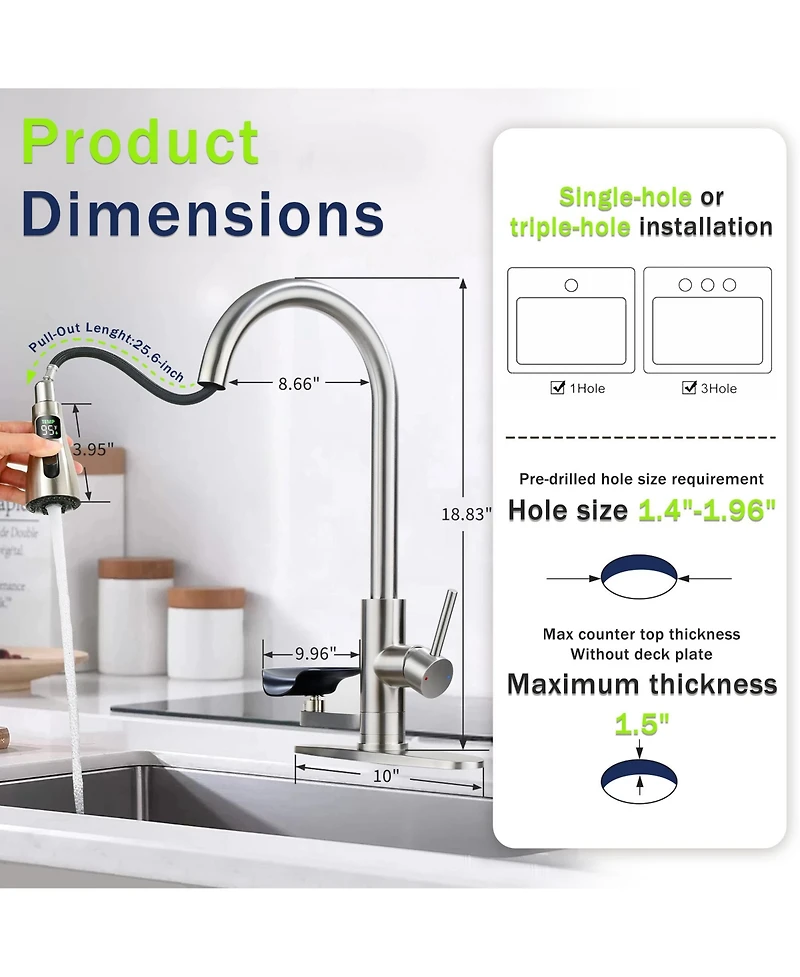 Busdays 3-in-1 Kitchen Faucet with Led Temp Display, Glass Rinser and Pull-Down Sprayer, Brushed Nickel