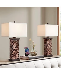 360 Lighting Modern Table Lamps Set of 2 with Usb Charging Port 27" Tall Zebra Faux Wood Fabric Shade for Bedroom Bedside House