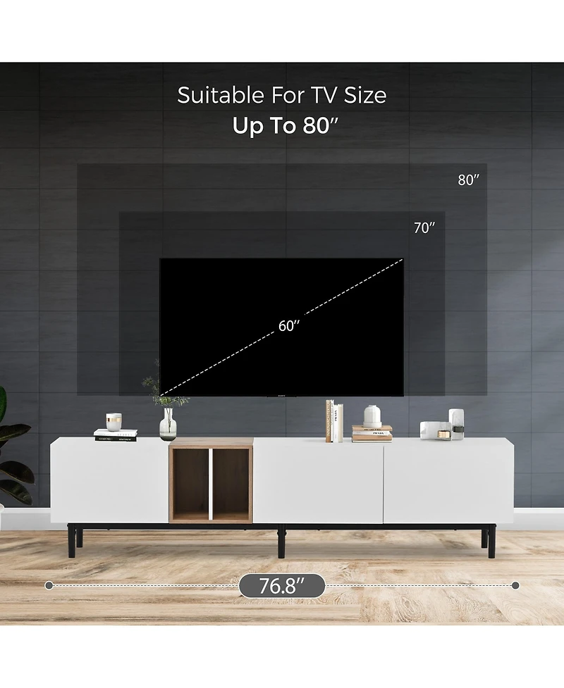 Rainsken Modern Tv Stand for 80'' Tv, Wooden Entertainment Center, Media Console with 3 Storage Cabinets and Open Shelves for Living Room