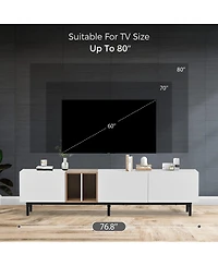 Rainsken Modern Tv Stand for 80'' Tv, Wooden Entertainment Center, Media Console with 3 Storage Cabinets and Open Shelves for Living Room