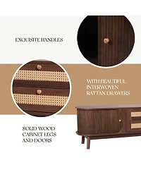 Rainsken Rattan Tv Stand for TVs up to 75'', Modern Farmhouse Media Console with Tambour Sliding Doors and Drawers, Media Console for Living Room