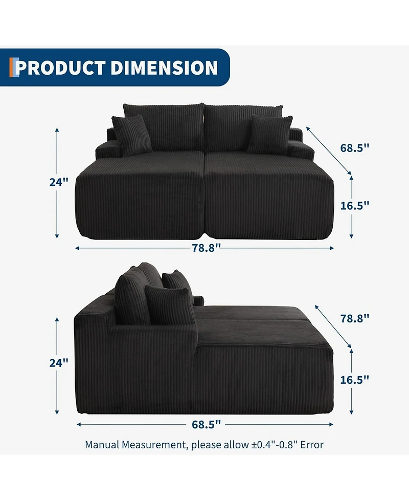 gaomon 80" Double Chaise Lounge Sofa Bed, Corduroy Cloud Couch with Pillows, No Assembly