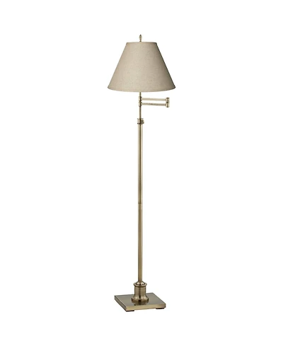 360 Lighting Swing Arm Floor Lamp 70" Tall Antique Brass Fine Burlap Cotton Blend Fabric Empire Shade for Living Room Reading Office
