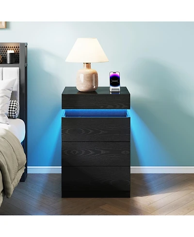 Rainsken Nightstand with Built-In Charging Station and Led Lighting, Modern Wooden End Side Table with 3-Drawer and Sliding-Top for Bedroom